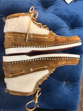 Christian Louboutin Tan Suede Shearling-Trim Studded High-Top Boots